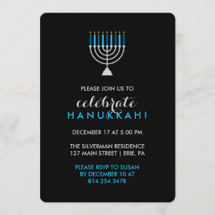 Hanukkah Firande med Silver Menorah på Svarta have Inbjudningar