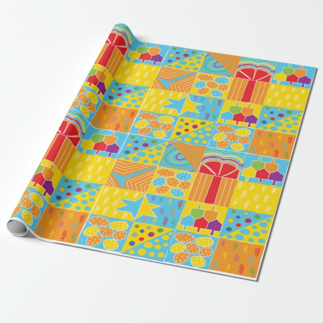 Hanukkah Gift Wrap "Hanukkah Squares 2" Presentpapper (Utrullad)