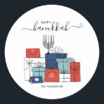 Hanukkah Gifts & Menorah Helgdag Sticker Runt Klistermärke<br><div class="desc">Anpassa anpassningsbarna ovan. Du hittar ytterligare samordningsposter i vår "Hanukkah Gifts and a Menorah"-samling.</div>
