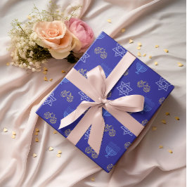 Hanukkah Guld Dreidel Star of David Menorah Blue Presentpapper