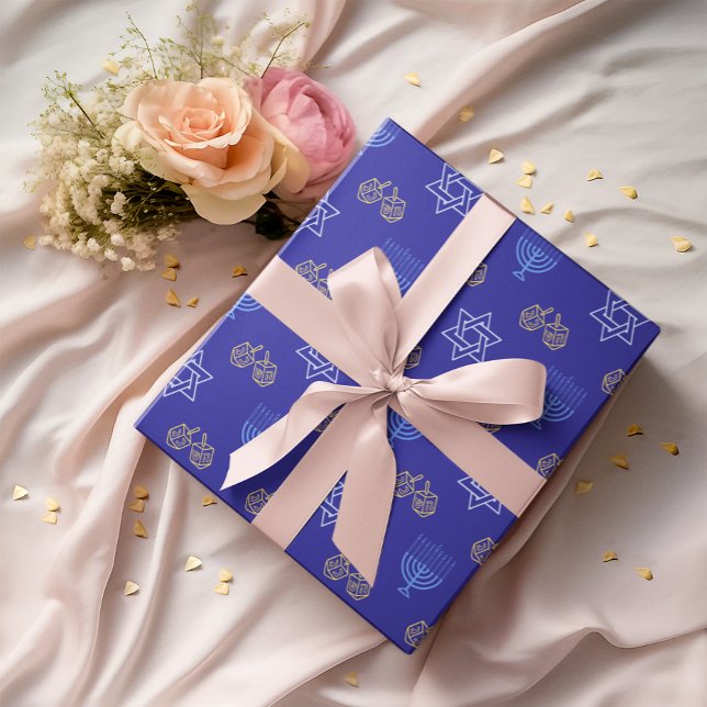 Hanukkah Guld Dreidel Star of David Menorah Blue Presentpapper (Skapare uppladdad)