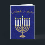Hanukkah Guld Menorah Celebrate Miracles Elegant Helgkort<br><div class="desc">Mot en faux texturerad bakgrundsbild av djupblått royal tillför en antikisk guld och vit Menorah-design klassiskt elegans till detta Hanukkah-hälsningskort. "Fira Miracles" i en guld-tonstext på kortets framsida kan anpassas till ditt eget hälsning om du vill, medan det inuti kortet finns två textmallar i ett mörk blått teckensnitt som kan...</div>