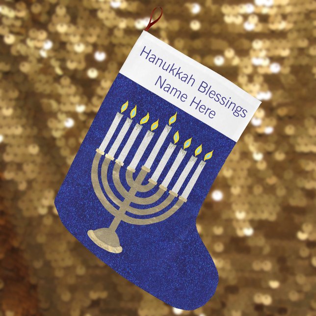 Hanukkah Guld Menorah Elegant Chrismukkah Stor Julstrumpa (It's easy to add a name to this gold tone menorah Hanukkah Christmas stocking)
