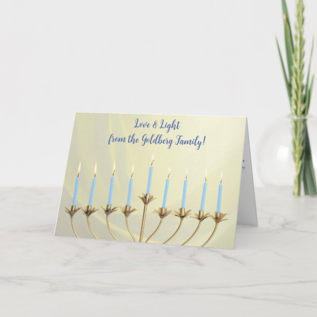 Hanukkah Guld Menorah och Candles "Kärlek and Ligh Helgkort (Framsida)