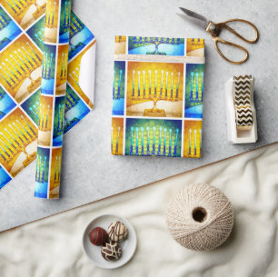Hanukkah Gult Blue Menorahs Mönster Modern Chic Presentpapper