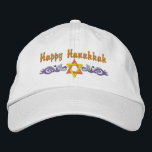 Hanukkah Hälsning Broderad Keps<br><div class="desc">Hanukkah-konstruktionen har en David-stjärna i guld med blå snurrar. Texten ovan säger Lycklig Hanukkah,  men är valfri och kan anpassas av dig eller tas bort.</div>