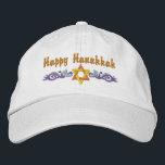 Hanukkah Hälsning Broderad Keps<br><div class="desc">Hanukkah-konstruktionen har en David-stjärna i guld med blå snurrar. Texten ovan säger Lycklig Hanukkah,  men är valfri och kan anpassas av dig eller tas bort.</div>