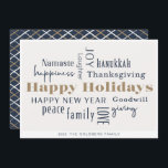 Hanukkah Hälsning Helgdag Blue Guld Julkort<br><div class="desc">Samling av semesterhälsningar,  Glad helg,  Hanukkah,  nyår,  goodwill,  Skratt,  lycka,  Namaste,  Joy,  Fred,  Kärlek,  Thanksgiving,  familj och Ge. Anpassa med ditt namn och år.</div>