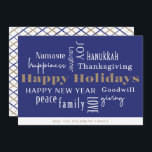 Hanukkah Hälsning Helgdag Blue Julkort<br><div class="desc">Samling av semesterhälsningar,  Glad helg,  Hanukkah,  nyår,  goodwill,  Skratt,  lycka,  Namaste,  Joy,  Fred,  Kärlek,  Thanksgiving,  familj och Ge. Anpassa med ditt namn och år.</div>