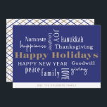 Hanukkah Hälsning Helgdag Blue Julkort<br><div class="desc">Samling av semesterhälsningar,  Glad helg,  Hanukkah,  nyår,  goodwill,  Skratt,  lycka,  Namaste,  Joy,  Fred,  Kärlek,  Thanksgiving,  familj och Ge. Anpassa med ditt namn och år.</div>