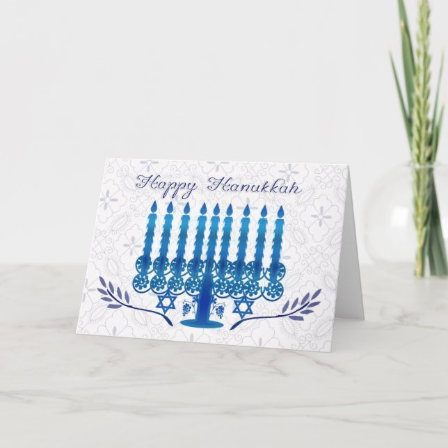 hanukkah helgdagkort med menora i blått och whi helgkort (Framsida)