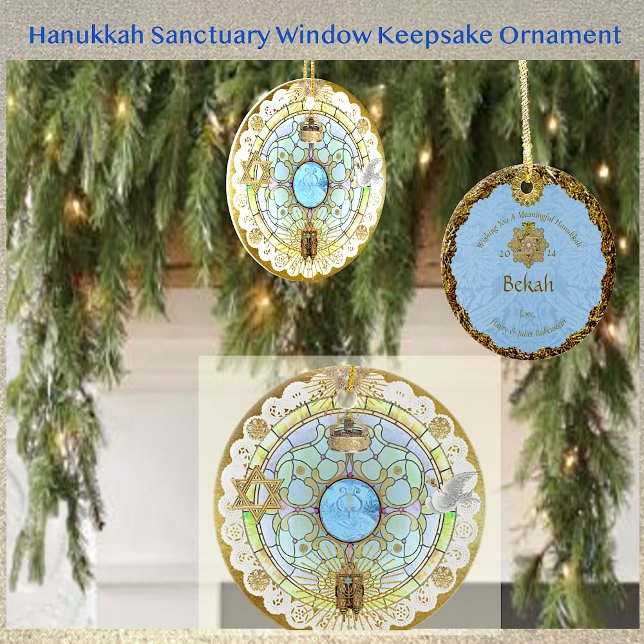 Hanukkah Helgedomsfönster Keramisk Juldekoration (The look of lustrous gold foil accents shines on this lovely ornament depicting symbols of faith.)
