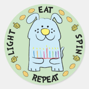 Hanukkah Hund Stickers "Light, Eat, Spin, Repeat" Runt Klistermärke