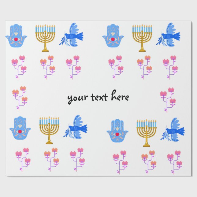 Hanukkah-inslagspapper – Menorah, Hamsa, Duva Presentpapper (Platt)