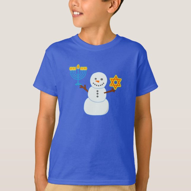 Hanukkah Jewish söt snögubbe Menorah Star of David T Shirt (Framsida)