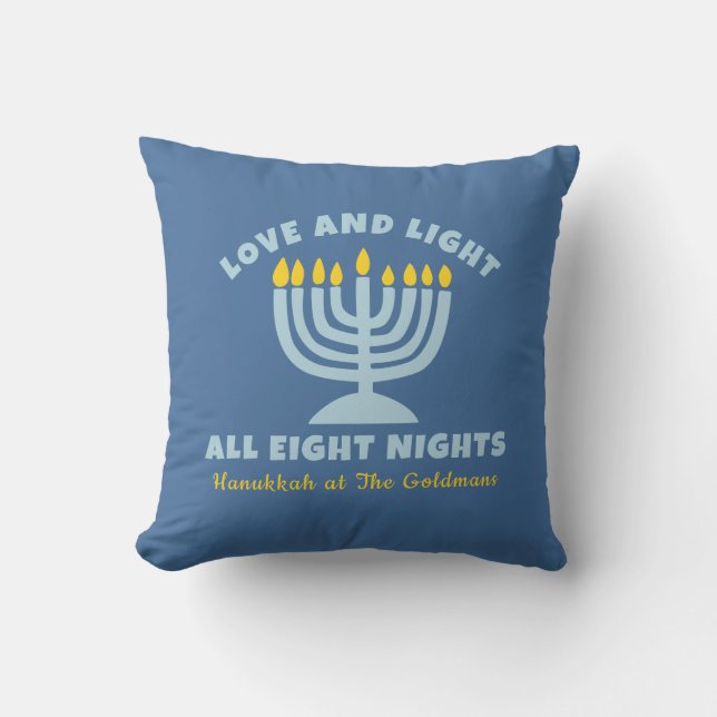Hanukkah "Kärlek and Light"-Personligen judisk blå Kudde (Framsida)