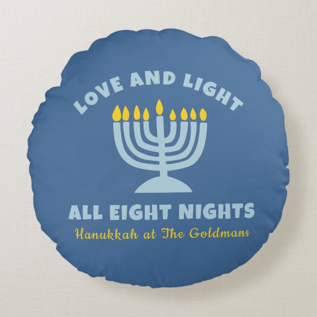 Hanukkah "Kärlek and Light"-Personligen judisk blå Rund Kudde (Framsidan)