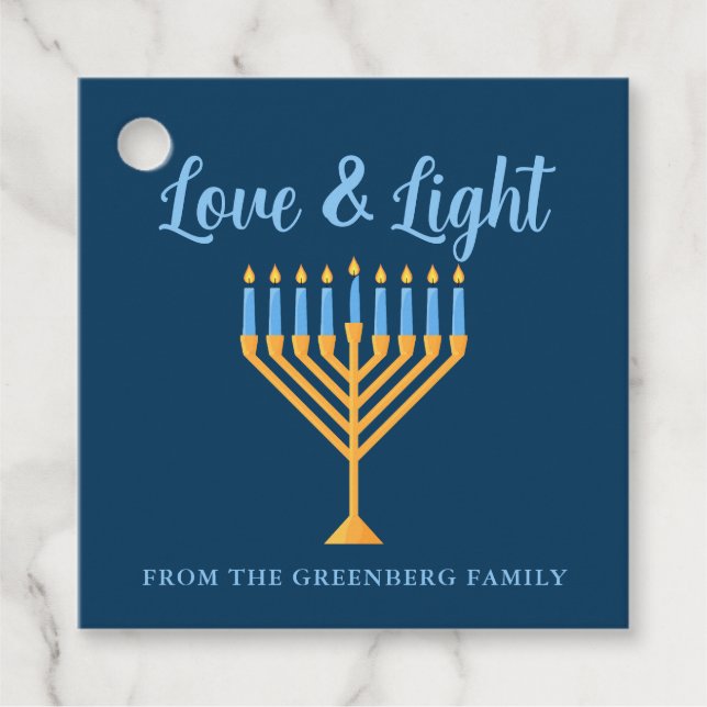 Hanukkah Kärlek & Light Anpassningsbar Menorah Blu Gåvor Etiketter (Framsida)