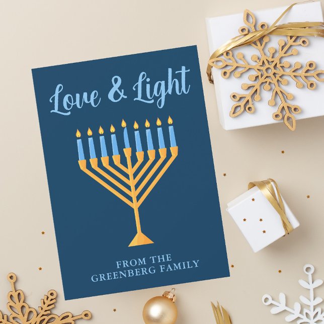 Hanukkah Kärlek & Light Anpassningsbar Menorah Blu Julkort (Skapare uppladdad)