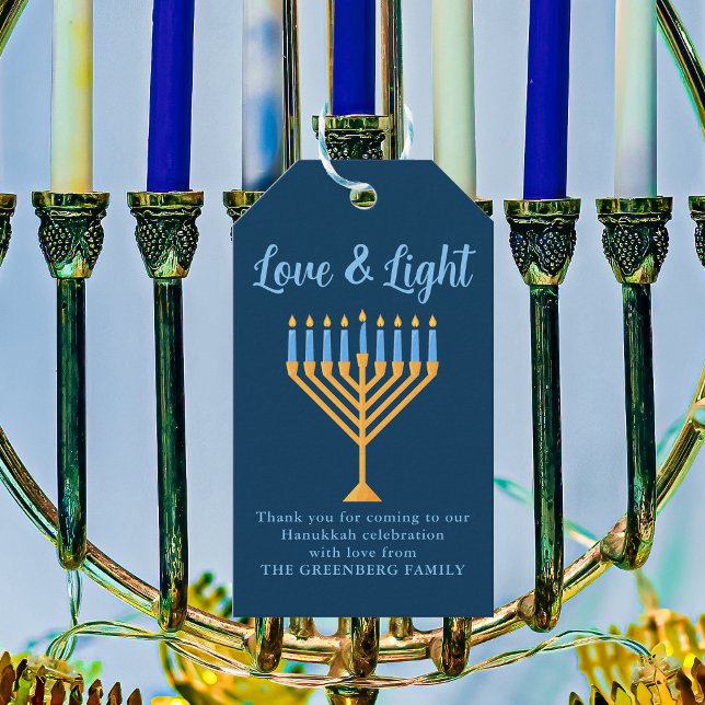 Hanukkah Kärlek & Light Anpassningsbar Menorah Blu Presentetikett (Skapare uppladdad)