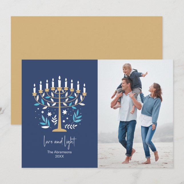Hanukkah Kärlek & Light Blommigt Menorah-fotokort Julkort (Fram/baksida)