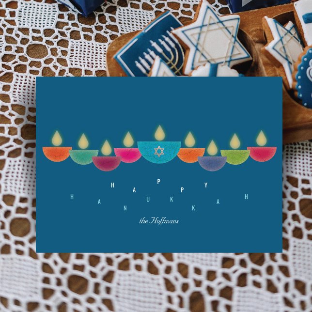 Hanukkah-kort | Färgolja Lamp Menorah | Teal Inbjudningar (Skapare uppladdad)