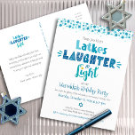 Hanukkah Latke LaughLight Roligt Modern Party Inbjudan Vykort<br><div class="desc">"Skrattar, skratt och ljus." I år är det dags att träffas med din familj och dina vänner för att fira Hanukkah. Roligt, vismisk, handgjord typografi tillsammans med David-stjärnor i dammig blått, turkos och teal på vit bakgrund hjälper dig att starta på festivalen i ljus. Utrymme för ditt personliga meddelande och...</div>