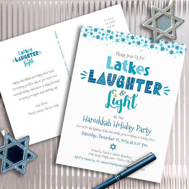 Hanukkah Latke LaughLight Roligt Modern Party Inbjudan Vykort (Skapare uppladdad)