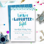 Hanukkah Latke LaughLight Roligt Modern Party Inbjudningar<br><div class="desc">"Skrattar, skratt och ljus." I år är det dags att träffas med din familj och dina vänner för att fira Hanukkah. Roligt, vismisk, handgjord typografi tillsammans med David-stjärnor i dammig blått, turkos och teal på vit bakgrund hjälper dig att starta på festivalen i ljus. En hand plockade-vit linje mönster på...</div>