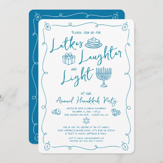 Hanukkah Latke Laughter Light Whimsical Fun Doodle Inbjudningar (Fram/baksida)