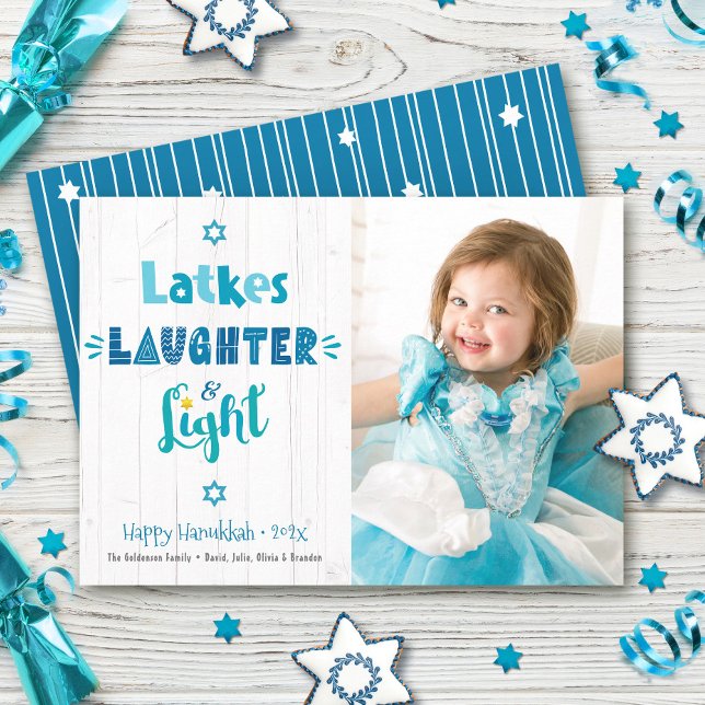 Hanukkah Latkes LaughLight Photo Rustic Wood Julkort (Skapare uppladdad)