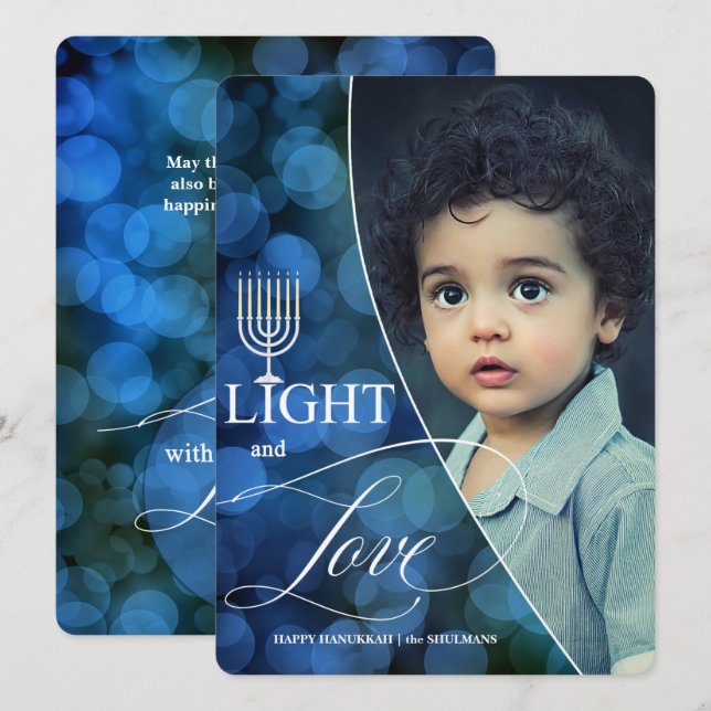 Hanukkah Light och Kärlek med Namn och Photo Julkort (Fram/baksida)