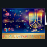Hanukkah Ljus festival Helgdag Menorah Card Hälsningskort<br><div class="desc">Lycklig Hanukkah Vackert judisk Helgdag-festival för hälsningskort för Ljus. Den judiska Helgdag Hanukkah-bakgrunden med traditionella Chanukah-symboler - trädrömmar (spinnande topp),  nötter,  menorah,  ljus,  David-stjärnan och ljus,  sparkles tapet mönster. Hanukkah Festival Dekoration. Jerusalem,  Israel. Inbjudan och utställningen,  hälsningskort,  Helgdag och Säsong,  Hanukkah 2023</div>