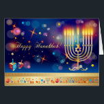 Hanukkah Ljus Festival Helgdag Menorah Hälsningskort<br><div class="desc">Lycklig Hanukkah Vackert judisk Helgdag-festival för hälsningskort för Ljus. Den judiska Helgdag Hanukkah-bakgrunden med traditionella Chanukah-symboler - guld hanukkiah-trädrömmare (spinnande topp), nötter, menorah, ljus, David-stjärnan och ljus, gnistor, tapet mönster. Hanukkah Festival Dekoration. Jerusalem, Israel. Inbjudningar och mallar > Greeting Cards > Helgdag & Säsong-kort > Hanukkah-kort 2023 Festive design med...</div>