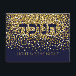 Hanukkah Ljusa upp Natten Guld Glitter Helg Vykort<br><div class="desc">Den här eleganten kommer Hanukkah-postkortet att tända på Nattarna i Chanukah och få vänner och familj att le med. Guld glitter på marinens bakgrund är perfektens bakgrund för detta festliga Hanukkah-budskap. Omfattar Hebrew ord ’CHANUKAH’. Gör det här kortet till ditt eget med ditt personliga meddelande... För variationer i den här...</div>