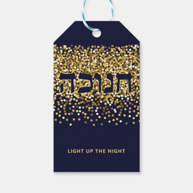 Hanukkah Ljusa upp Natten Guld/marinen Glitter Presentetikett (Framsidan)