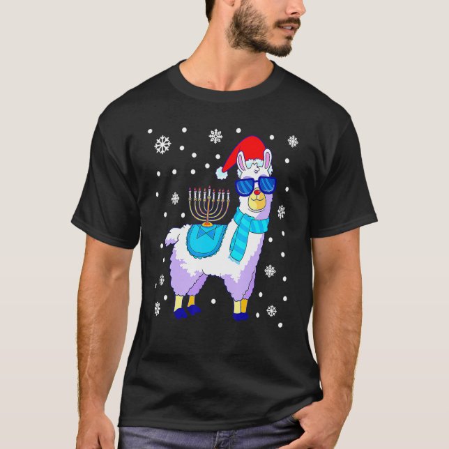 Hanukkah Llama Menorah Alpaca Santa Hat jul T Shirt (Framsida)