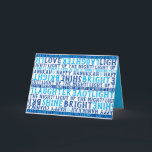 HANUKKAH Love Light Laughter Typography Blue Helgkort<br><div class="desc">Det här LYCKLIG HANUKKAH Kärlek Light Laughcard säger allt! Skicka din bra önskemål och upptäck någons dag.Det här kortet är ett fantastiskt sätt att önska familj och vänner en Lycklig Chanukah-utdragen som innefattar KÄRLEK LIGHT LAUGHTER. Jag har en liten dröm, Shine Bright och Light up the Night. Modern funky avslappnad...</div>