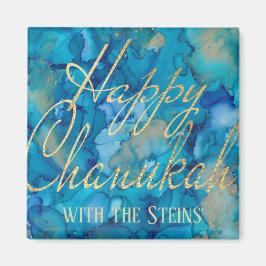 Hanukkah Magnet Square Lycklig Chanukah Guld/Blues