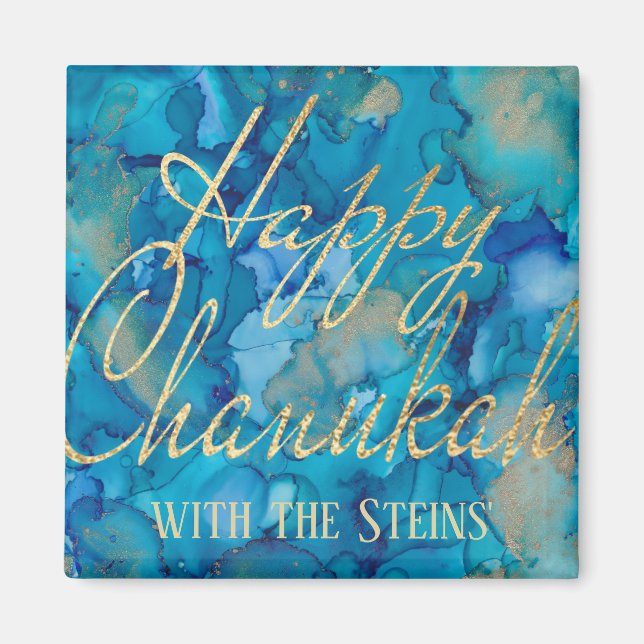 Hanukkah Magnet Square Lycklig Chanukah Guld/Blues (Framsidan)