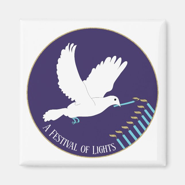Hanukkah Magnet Square White Dove Candles Lit (Framsidan)