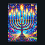 Hanukkah menorah aglow i psychedelic färg vykort<br><div class="desc">Fira Hanukkahs själ, med dess menorahaglott i en symfoni av psykodelic färg, som alla ger en ljudupptagning av hopp och glädje i ett universum av mönster och ljus. 🕎 ✨ 🌈</div>