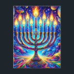 Hanukkah menorah aglow i psychedelic färg vykort<br><div class="desc">Fira Hanukkahs själ,  med dess menorahaglott i en symfoni av psykodelic färg,  som alla ger en ljudupptagning av hopp och glädje i ett universum av mönster och ljus. 🕎 ✨ 🌈</div>