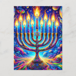 Hanukkah menorah aglow i psychedelic färg vykort