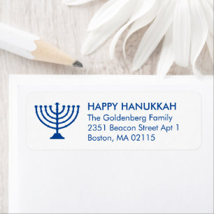 Hanukkah menorah anpassningsbar blue white, modern returadress etikett