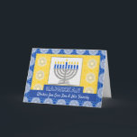 Hanukkah Menorah för en son och hans familj Helgkort<br><div class="desc">En silver-menorah med blå ljus på en ornerad bakgrund dekorerar omslaget på Lycklig Hanukah-kortet för en son och hans familj. Kortet har ett mosaiskt utseende i struktur. Art,  bild och versell copyright © Shoaff Ballanger Studios,  2023.</div>
