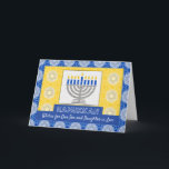Hanukkah Menorah för Son och dotter i juridik Helgkort<br><div class="desc">En silver-menorah med blå ljus på en ornerad bakgrund dekorerar höljet på detta Lycklig Hanukah-kort för son och dotter i lag. Kortet har ett mosaiskt utseende i struktur. Art,  bild och versell copyright © Shoaff Ballanger Studios,  2023.</div>
