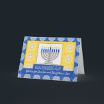 Hanukkah Menorah för Son och dotter i juridik Helgkort<br><div class="desc">En silver-menorah med blå ljus på en ornerad bakgrund dekorerar höljet på detta Lycklig Hanukah-kort för son och dotter i lag. Kortet har ett mosaiskt utseende i struktur. Art,  bild och versell copyright © Shoaff Ballanger Studios,  2023.</div>