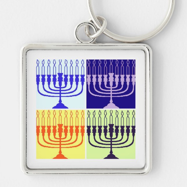 Hanukkah Menorah Fyrkantig Silverfärgad Nyckelring (Framsidan)