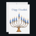 Hanukkah Menorah med blå, vita brinnande ljus<br><div class="desc">Vattenfärgmenorah med blå och vit brinnande ljus. Lycklig Hanukkah hälsning och känslan på rygg kan ändras. AI-assisterad grafik som köpts med kommersiell använda. Bild: CosmicMeta</div>